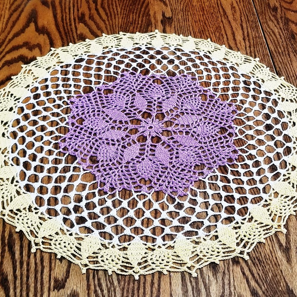 Vintage Style New Hand Crafted Pineapple doily, Violet, Maize, & White, 18 1/2"